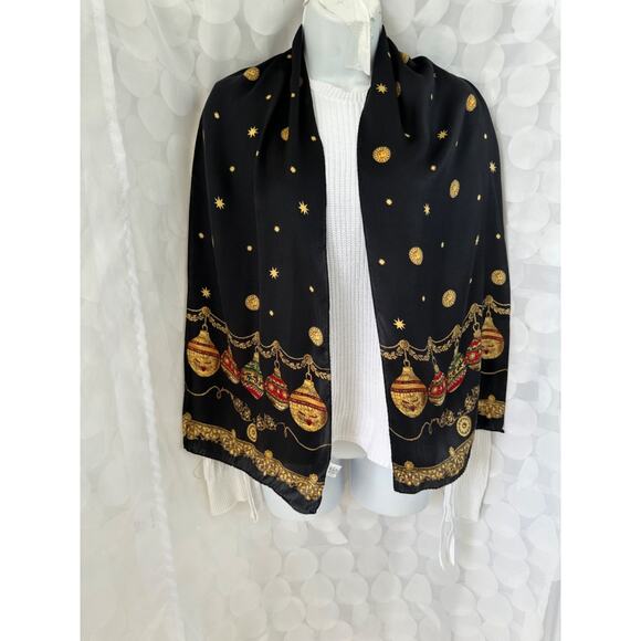 Vintage ECHO 100% Silk Scarf Black Celestial Stars Christmas Ornaments JAPAN - Picture 2 of 6
